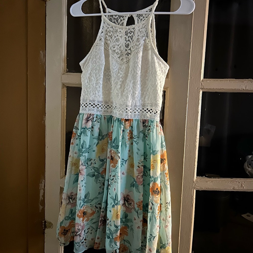 by & by Lace Bodice Kids Dress - White and Green Floral